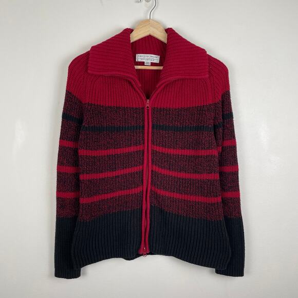 90s Vintage Carolyn Taylor Chunky Full Zip Cardigan Sweater Striped Red Black S - Picture 7 of 16